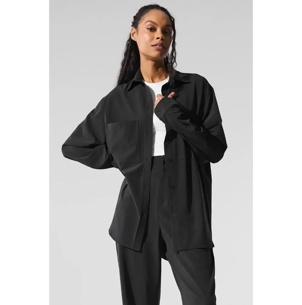 Alo Yoga Black Dreamscape Button Down Long Sleeve Shirt Oversized Size L/XL